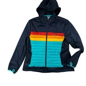 Yo Colorado Momentum Jacket 2XL Women Blue Retro Stripe Full Zip Hooded Fleece